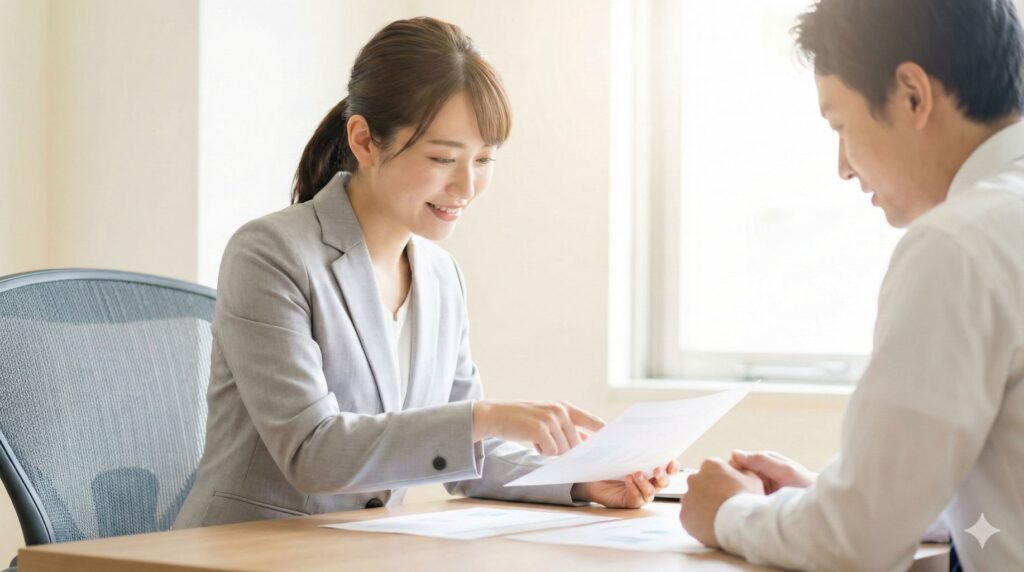 書類を指し示しながら具体的に内容を確認する様子