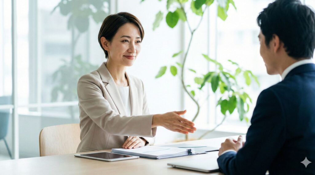 笑顔で握手を交わし、ビジネスパートナーとの信頼関係を確認し合っている様子