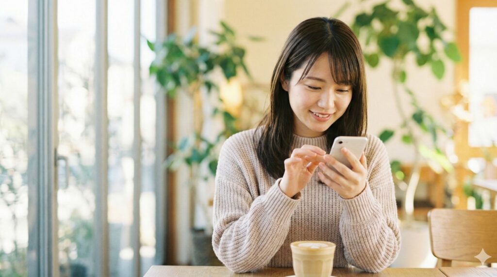 カフェでスマートフォンを操作し、ビジネスチャットで連絡を確認・返信している女性