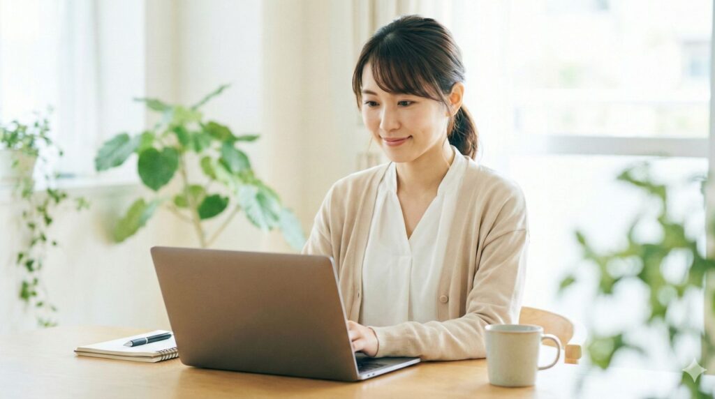 オフィスでノートパソコンを開き、落ち着いた笑顔で相手を気遣うメールを返信している女性