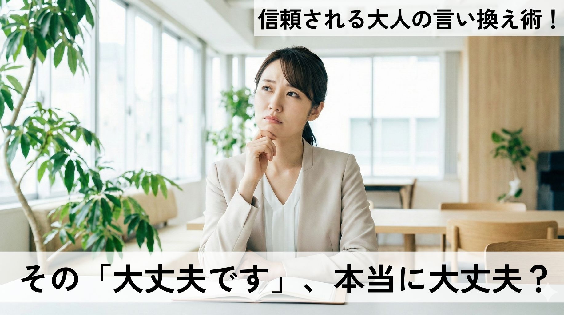 困った顔で考える女性社員と、「その『大丈夫です』、本当に大丈夫？ 信頼される大人の言い換え術」というキャッチコピー