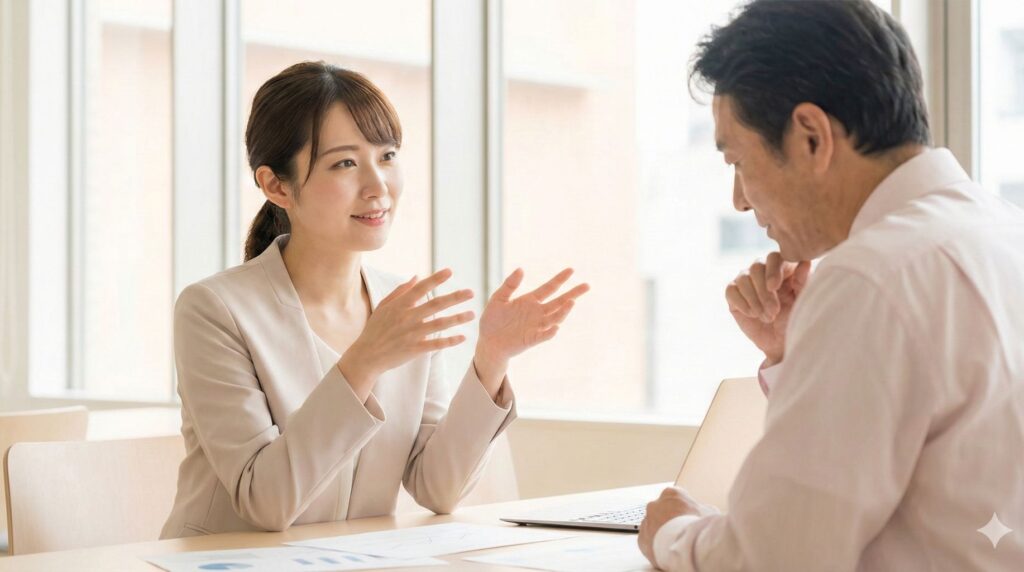 オフィスのミーティングスペースで、男性の上司に向かって手振りを交えながら業務の相談や報告をしている女性
