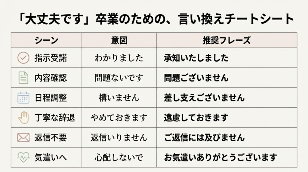 シーン別「大丈夫です」の意図と、ビジネスで推奨される丁寧な言い換えフレーズをまとめた一覧表