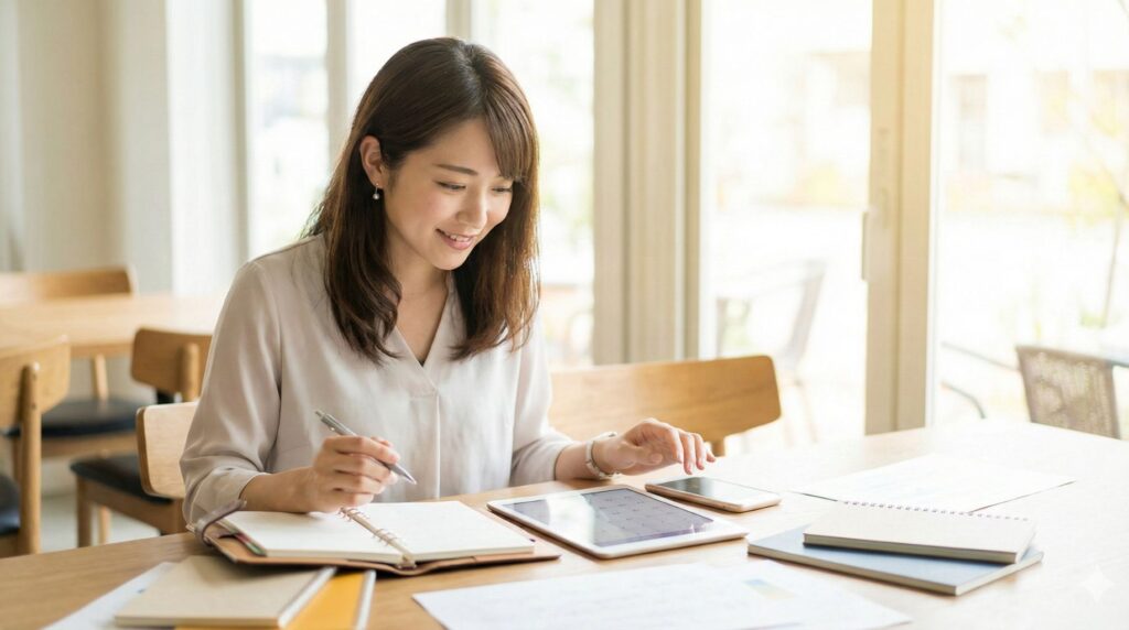 デスクでタブレット端末と手帳を広げ、ビジネスメールの確認やスケジュールの調整を行っている女性