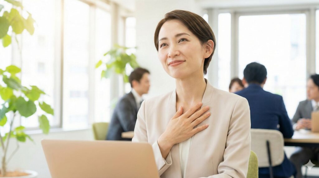 トラブルが解決したり、無事が確認できたりして、胸に手を当ててホッと安堵の表情を浮かべる女性
