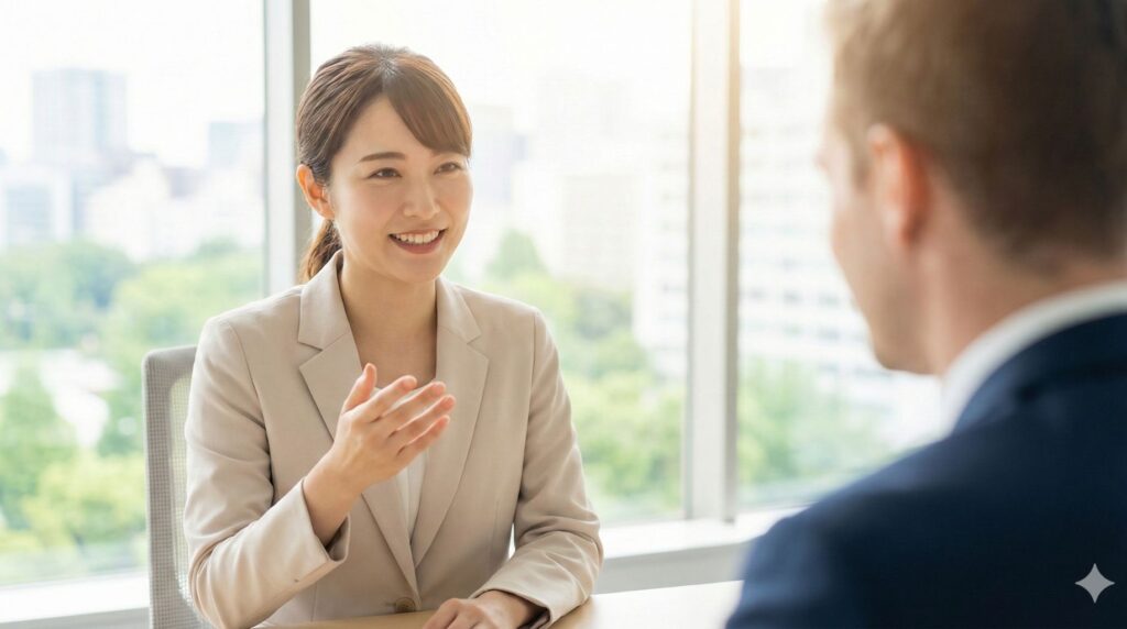 海外のクライアントや同僚と想定される相手に対し、英語で「嬉しい」「安心した」というポジティブな感情を笑顔で伝えている様子