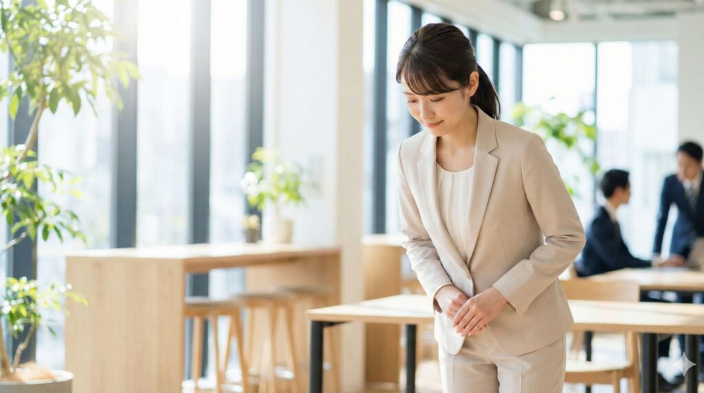 オフィスの通路やオープンスペースで、立ち止まって相手に対し丁寧なお辞儀をし、感謝や謝罪の意を表している女性