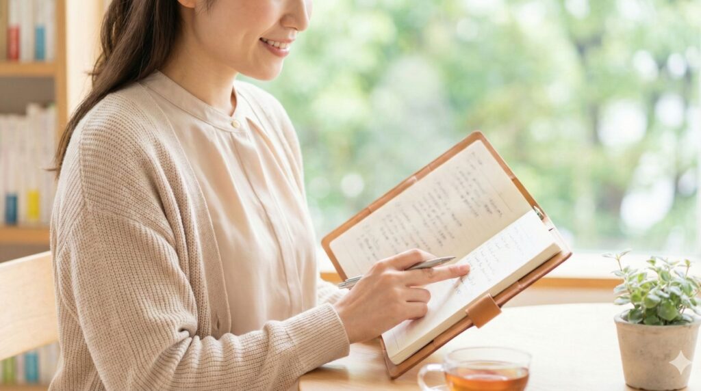 窓際の明るい席で、手帳にペンで書き込みをしながら熱心に勉強や振り返りをしている女性