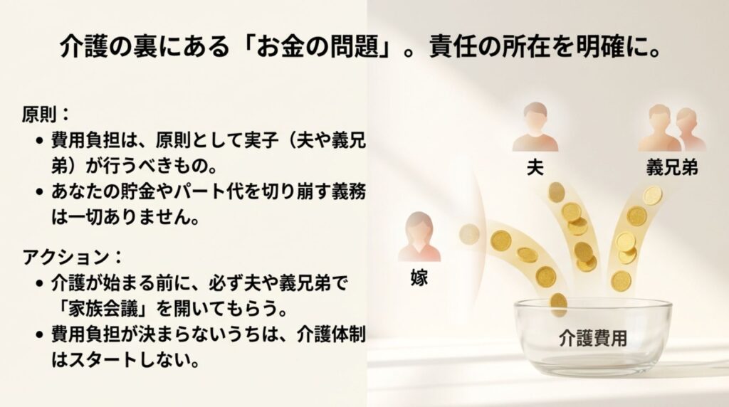 介護にかかる費用は原則実子が負担すべきであることを解説。介護開始前に家族会議を開き、費用分担を明確にすることを推奨する図解。