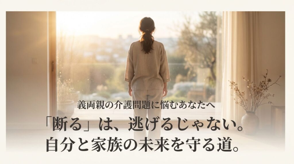 明るい光が差し込む窓辺に立つ女性の後ろ姿。「『断る』は、逃げるじゃない。自分と家族の未来を守る道」というメッセージが書かれた、介護問題対策ガイドの表紙画像。