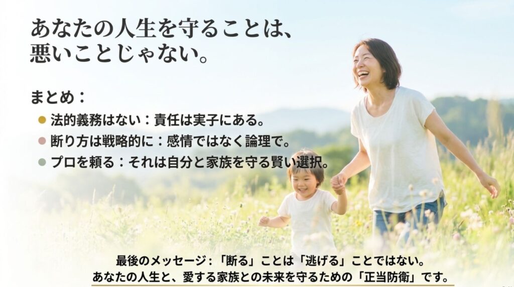 記事の要点まとめ。法的義務がないこと、論理的な断り方、プロへの依頼は逃げではなく、自分と家族を守るための正当防衛であることを伝えるメッセージ。