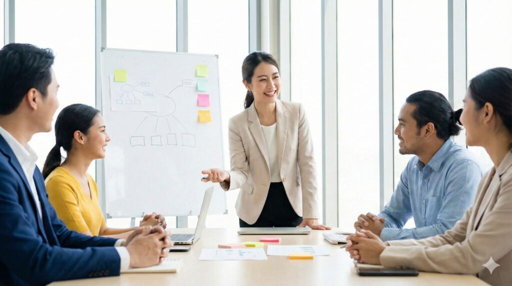 メンバー全員に明確なゴールを共有する会議シーン