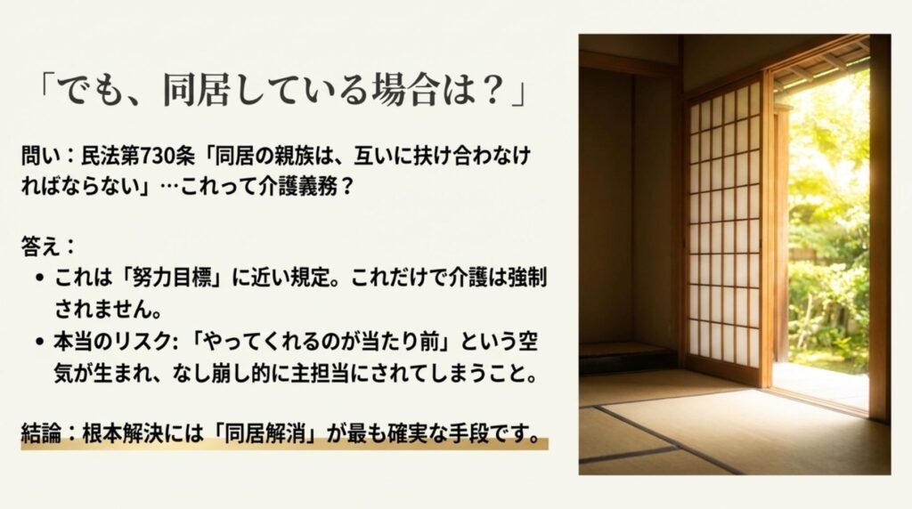 民法730条の互助義務と同居のリスクについて解説。なし崩し的に介護担当にされることを防ぐため、同居解消が有効であることを説明したスライド。