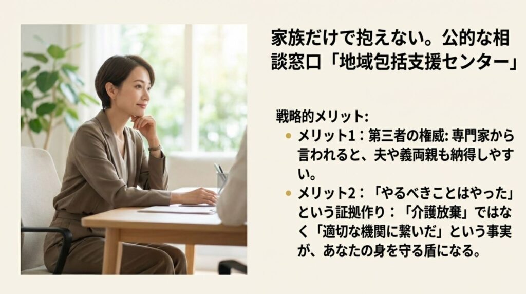 第三者の権威を利用して夫を説得し、公的機関へ相談した事実を作ることで自身の身を守る、地域包括支援センター活用の戦略的利点。
