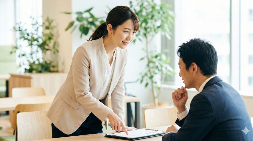 ミーティングで資料を指差し、内容に不備がないか確認・提案をしているビジネスウーマン