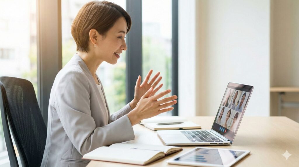 Web会議で海外拠点やリモートメンバーと意思疎通を図るシーン