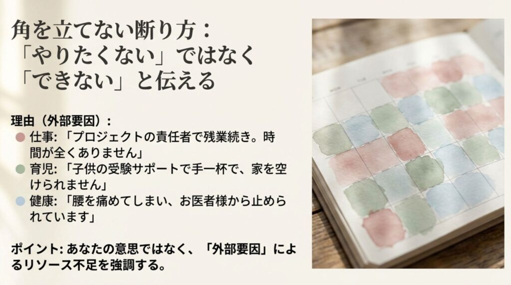 義両親の介護を円満に断るための理由リスト。個人の意思ではなく、仕事の残業、育児、自身の健康問題など、外部要因によるリソース不足を強調するテクニック。