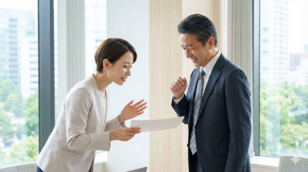 取引先に対し組織として毅然かつ誠実に対応する様子