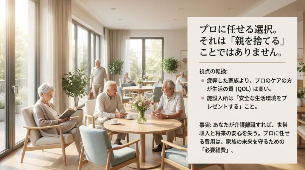 施設入所は親を捨てることではなく、安全な環境と高い生活の質（QOL）を提供することであるという視点の転換を促すスライド。