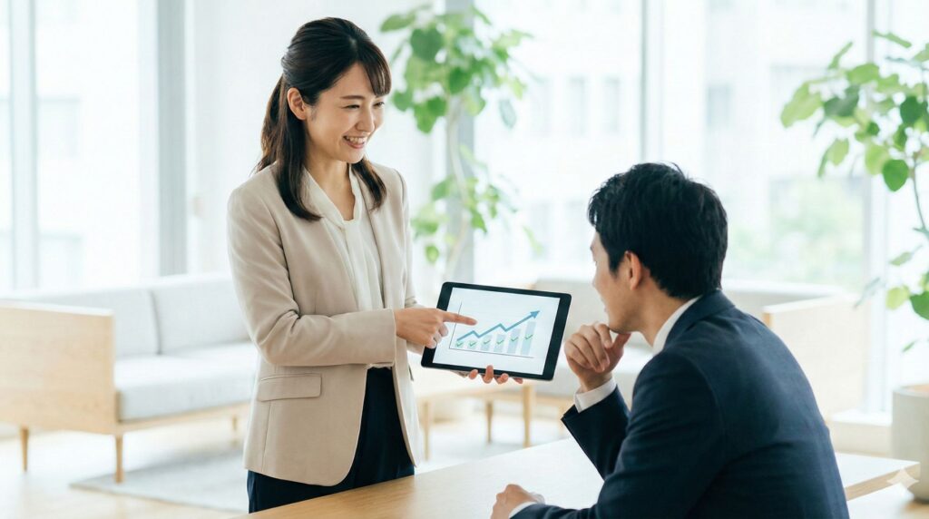 タブレットに表示されたグラフを見せながら、具体的な数字と事実に基づいて上司に進捗を報告する女性