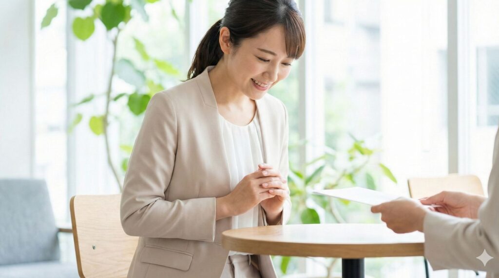 上司から渡された書類を両手で丁寧に受け取り、誠実に対応する女性社員