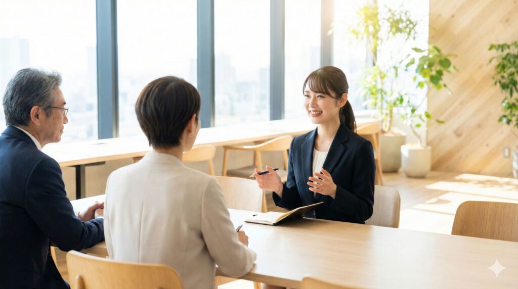 上司に対し身振り手振りを交えて誠実に説明する女性