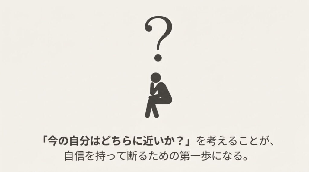自分の行動がわがままか正当な主張かを考えている人のシルエットイラスト