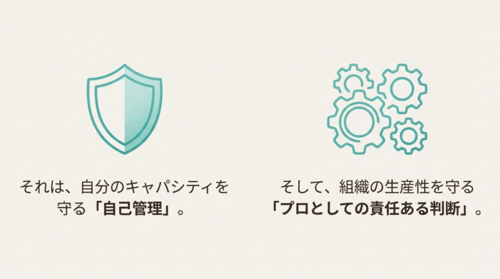 自分のキャパシティを守る盾と組織の生産性を守る歯車のイラスト