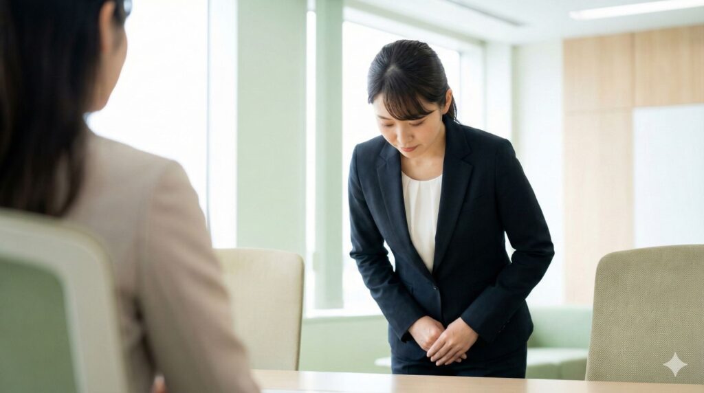 深くお辞儀をして誠意ある謝罪の意を示すビジネスパーソン