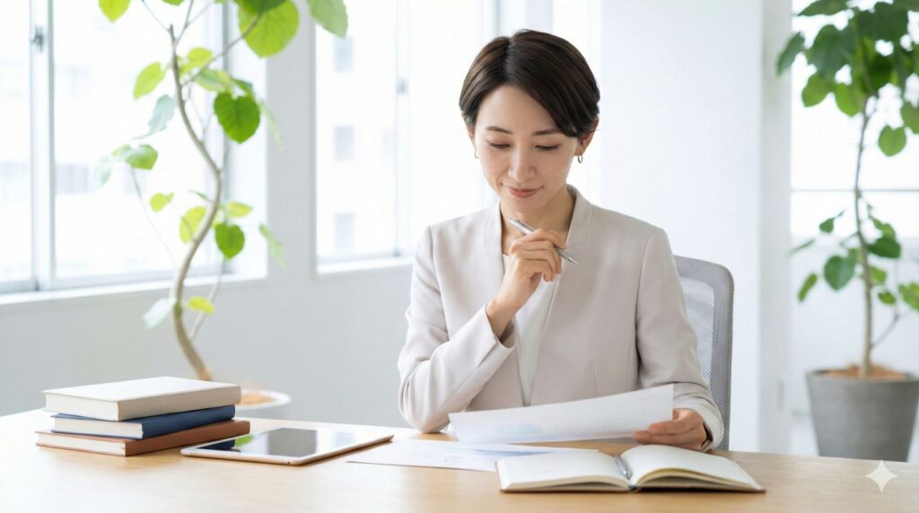 資料を隅々まで読み込み万全の準備を行うビジネスパーソン