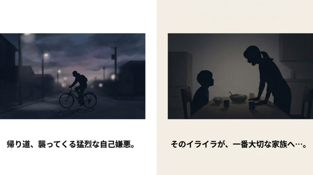 夜道を自転車で帰りながら自己嫌悪に陥る様子と子どもに当たってしまうシルエット画像