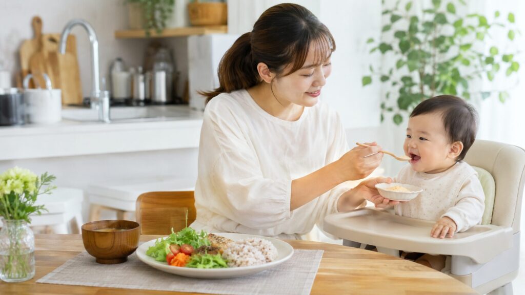 赤ちゃんに離乳食をあげながら自分のランチも用意する母親