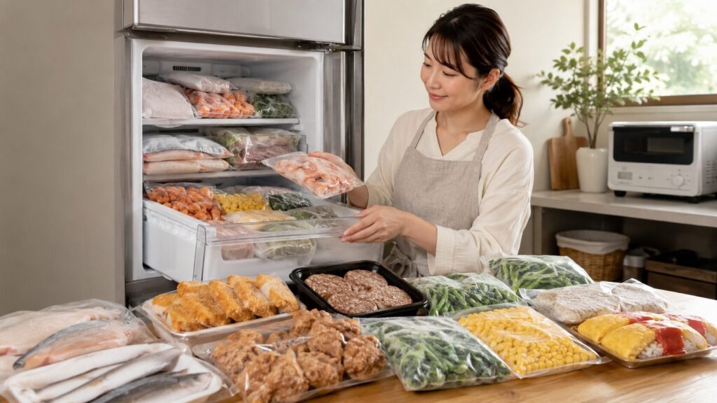 魚や冷凍野菜など多種類の冷凍食品を冷凍庫に整理する女性