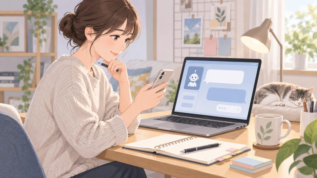 AIを使ってシフト交代LINEの文章を作成する女性