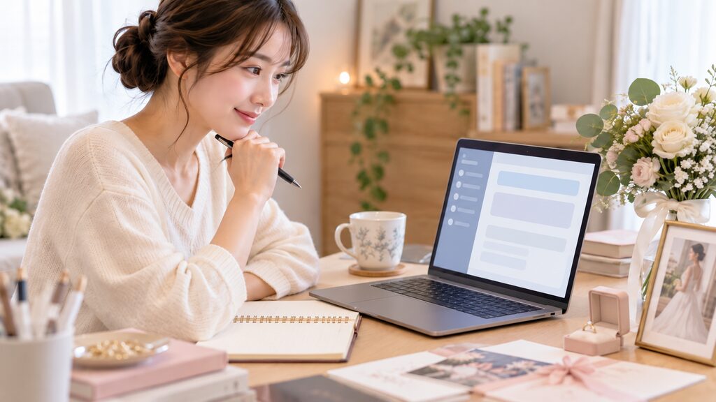 AIを活用して花嫁の手紙を考える日本人女性とパソコン、結婚式の小物