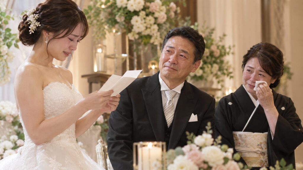 結婚式で花嫁の手紙を読み、涙ぐみながら聞く日本人の両親