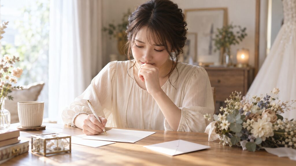 結婚式で両親へ読む花嫁の手紙を考えながら便箋に書く日本人女性