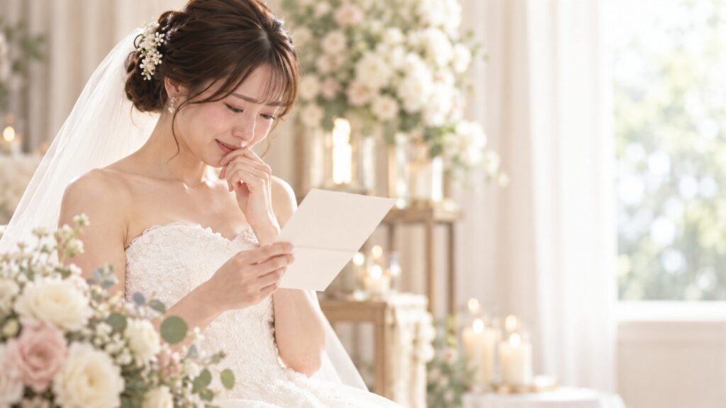 結婚式で読む花嫁の手紙を見つめる日本人の花嫁とブーケが映るやさしい雰囲気のアイキャッチ画像