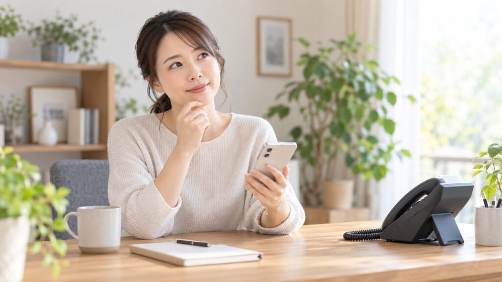 休みの日の留守電メッセージを考えながらスマートフォンを持つ女性