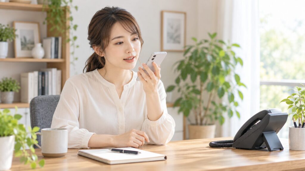 留守電メッセージを録音するようにスマートフォンへ話しかける女性
