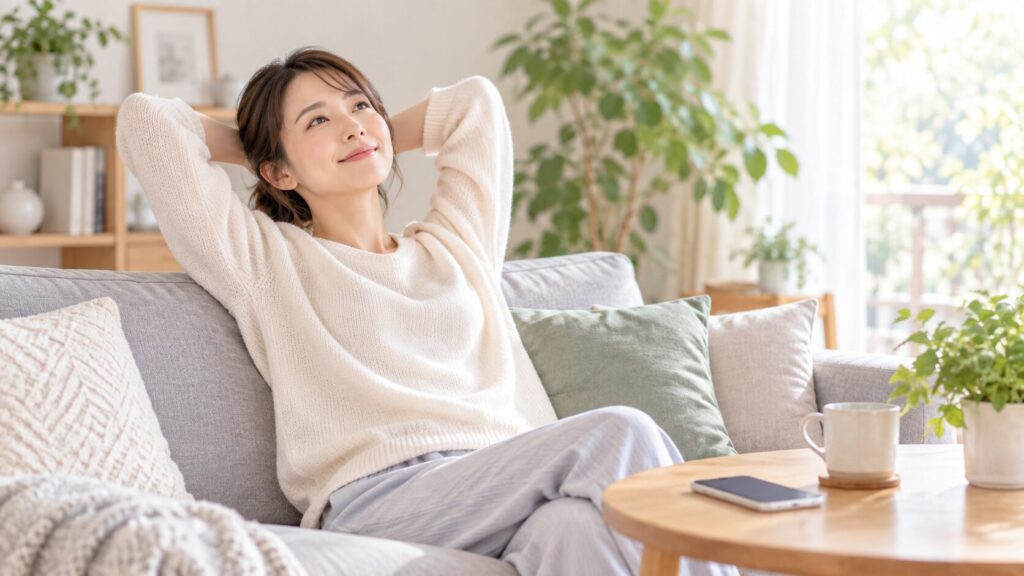 休みの日にリラックスして過ごす笑顔の女性