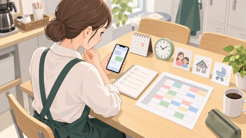 シフト交代LINEに必要な日時や理由を整理する女性スタッフ