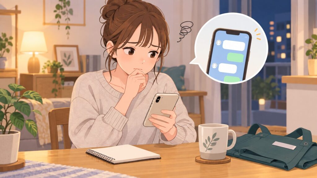 シフト交代をグループLINEでお願いする文章に悩む女性