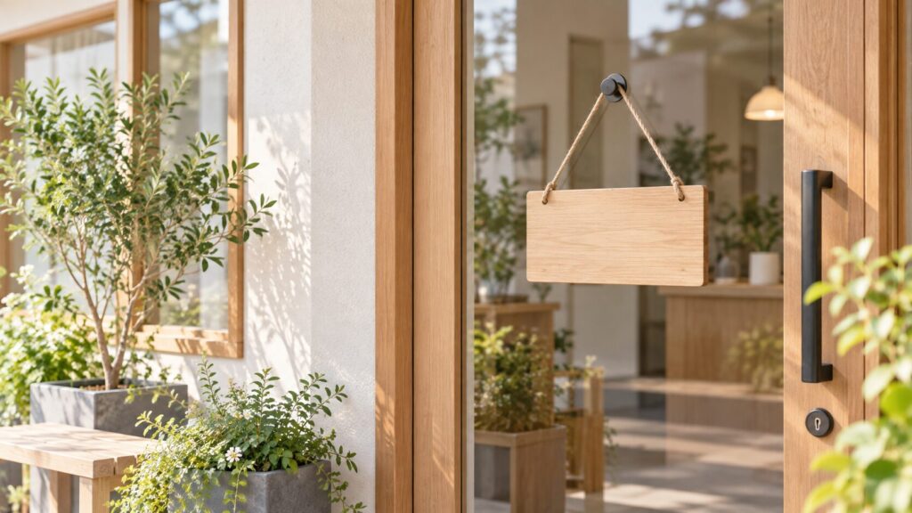 休業案内をイメージさせる木製サインがかかった店舗の入口