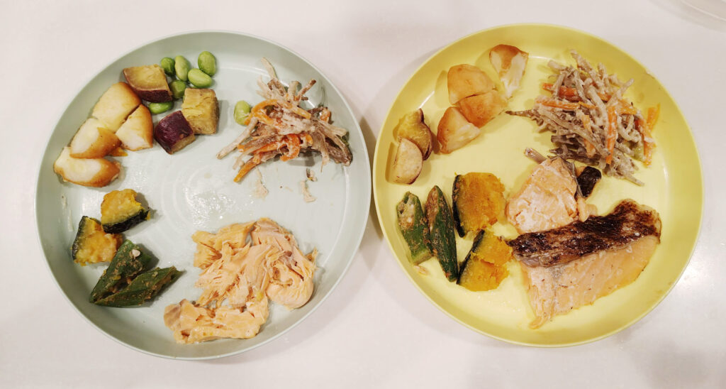 子ども用に鮭、野菜、ごぼうサラダなどを2枚の皿に盛り付けた写真